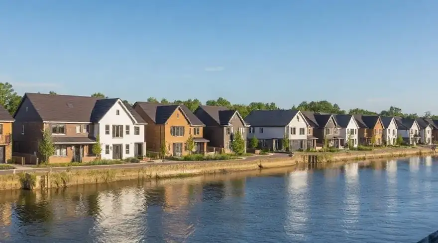 Row of terraced houses with pitched roofs along the bank of a calm river